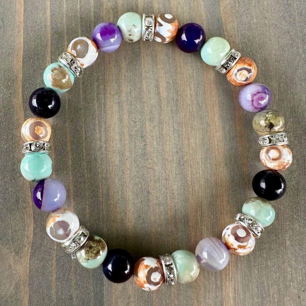 Blue Terra Agate, Purple Banded Agate, Evil Eye Agate & Czech rhinestone 8in 8mm